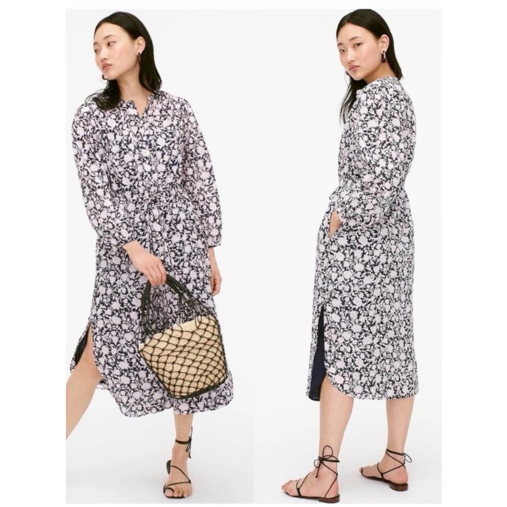 J.Crew Floral Midi Dress 6 Navy White Long Sleeve Cotton Drawstring AY880
